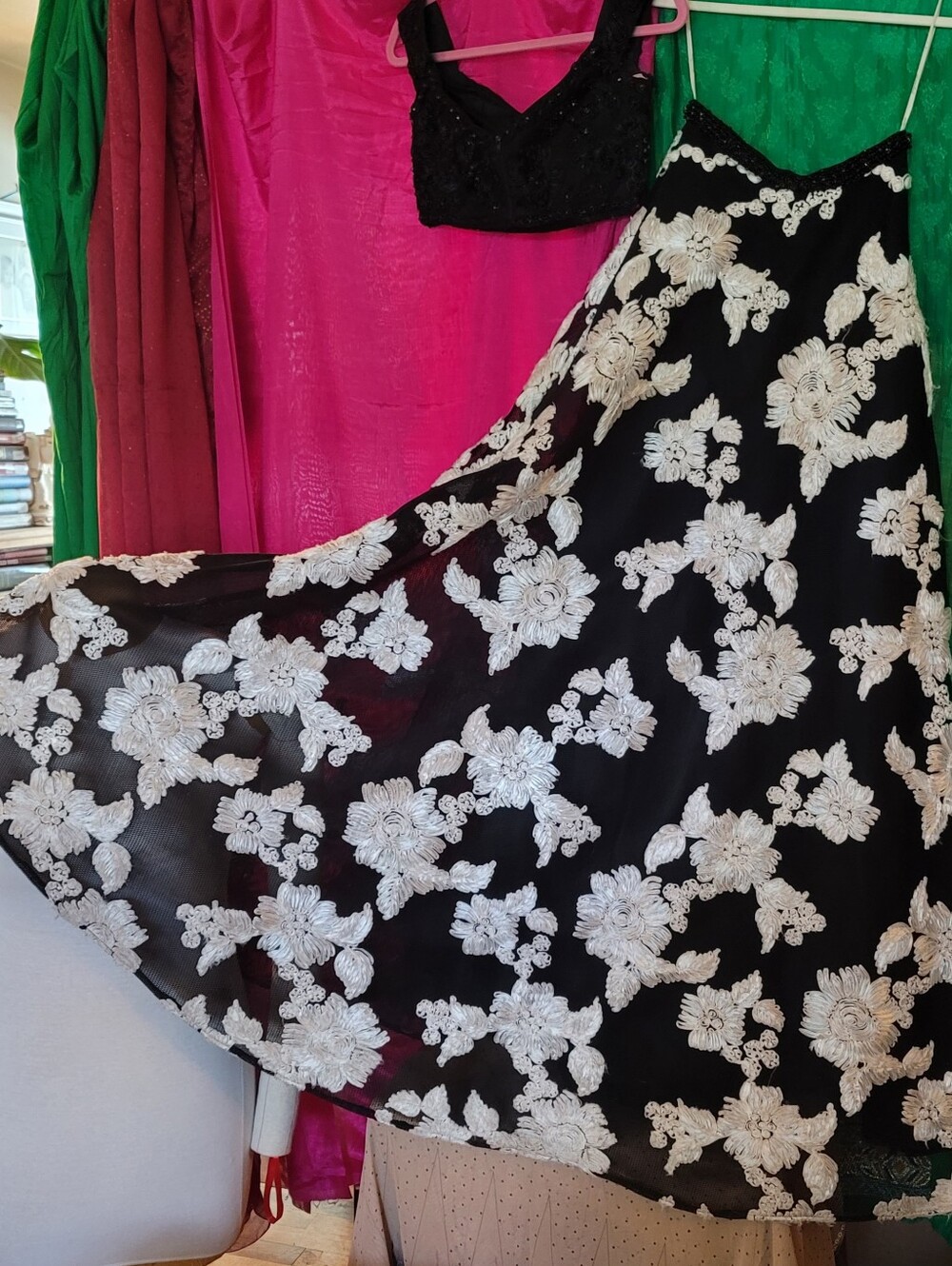 Black Skirt with White Flower Design, beaded Waist Band.  Beaded Bra/tank